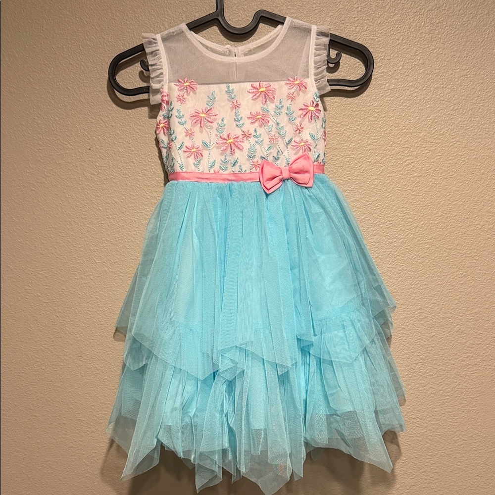 Jona Michelle Pink Floral Embroidered Bodice with Blue Tulle Dress Little Girl 4